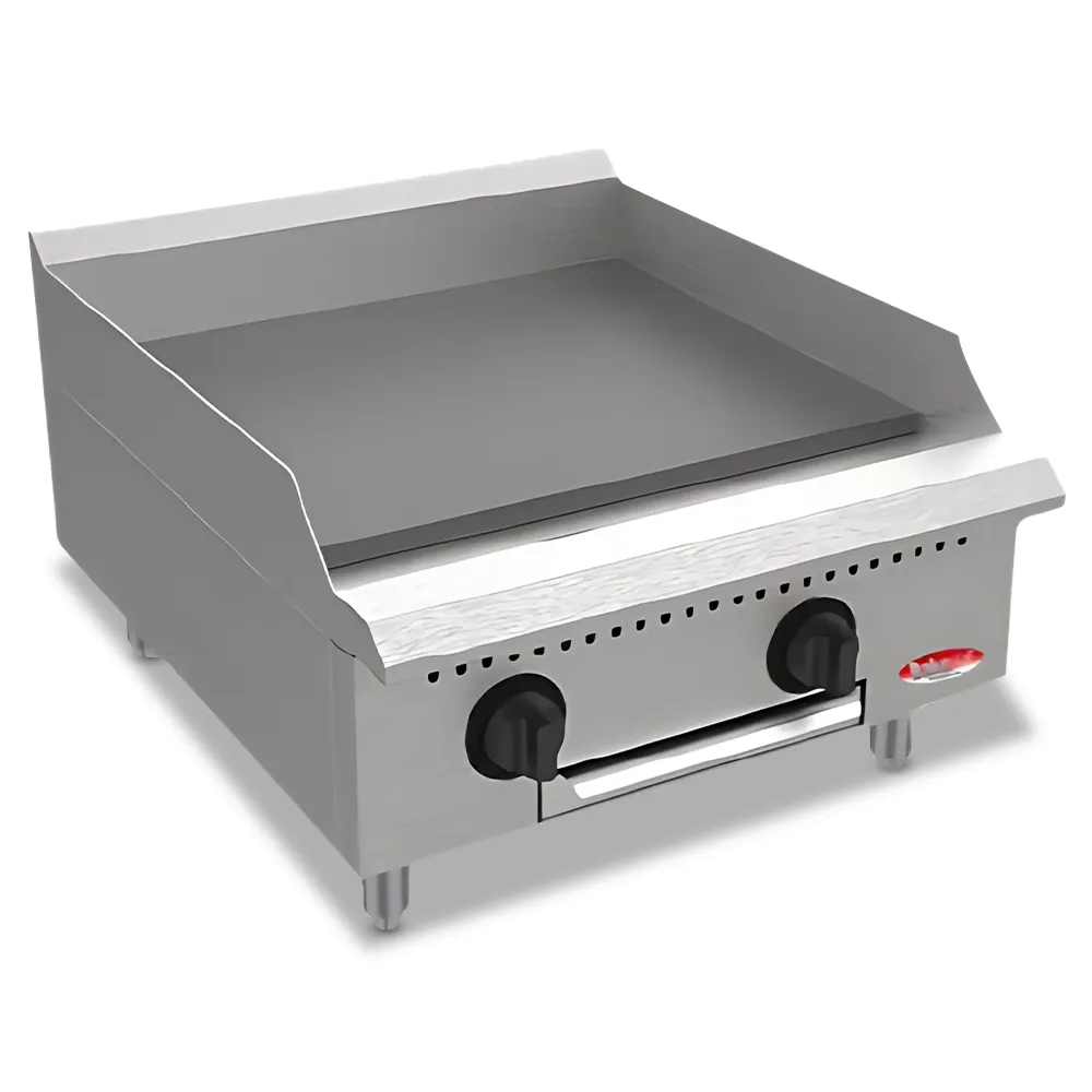BakeMax 24-inch flat-top gas griddle with durable build, fits food trucks or compact kitchens needing reliable and easy-to-clean cooking surface.