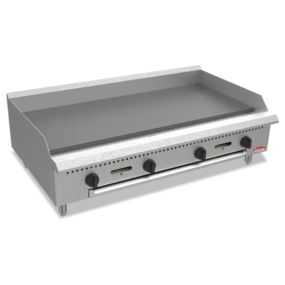 BakeMax 48 inch gas griddle with heavy-duty plate, ideal for constant use during breakfast, lunch, and dinner prep with rust-resistant body.
