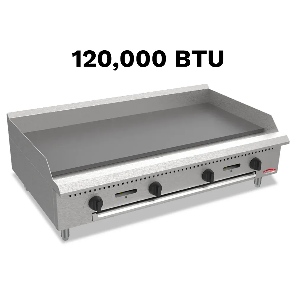 BakeMax 48 inch gas griddle with heavy-duty plate, ideal for constant use during breakfast, lunch, and dinner prep with rust-resistant body.