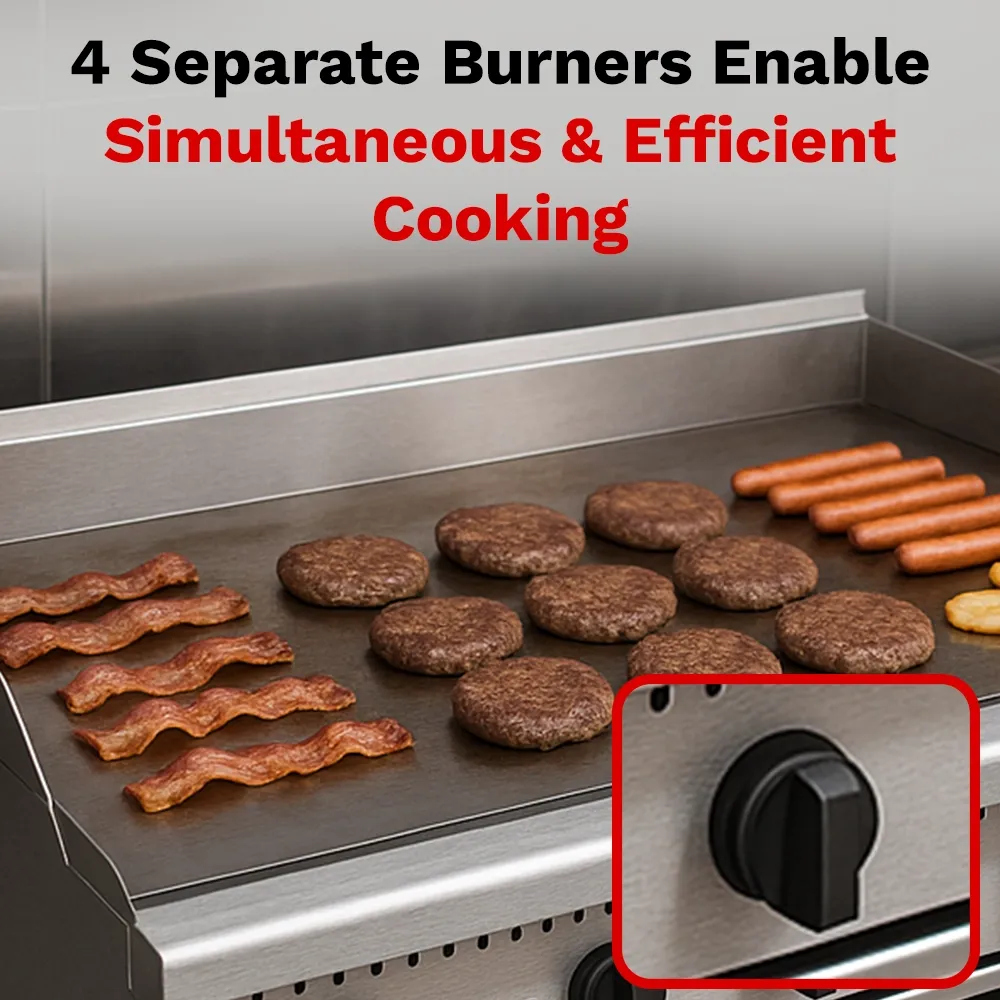 BakeMax 48 inch gas griddle with heavy-duty plate, ideal for constant use during breakfast, lunch, and dinner prep with rust-resistant body.