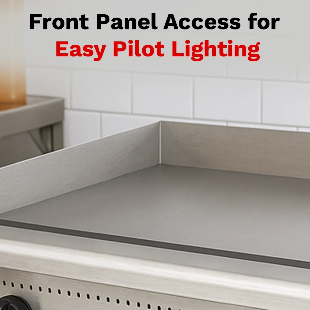 BakeMax 48 inch gas griddle with heavy-duty plate, ideal for constant use during breakfast, lunch, and dinner prep with rust-resistant body.