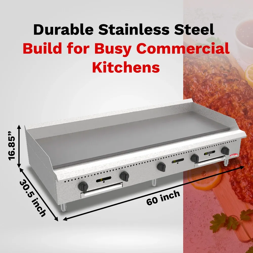 BakeMax 60 inch heavy-duty gas griddle built for busy foodservice kitchens offering daily flat-top cooking with precise and even heat control.