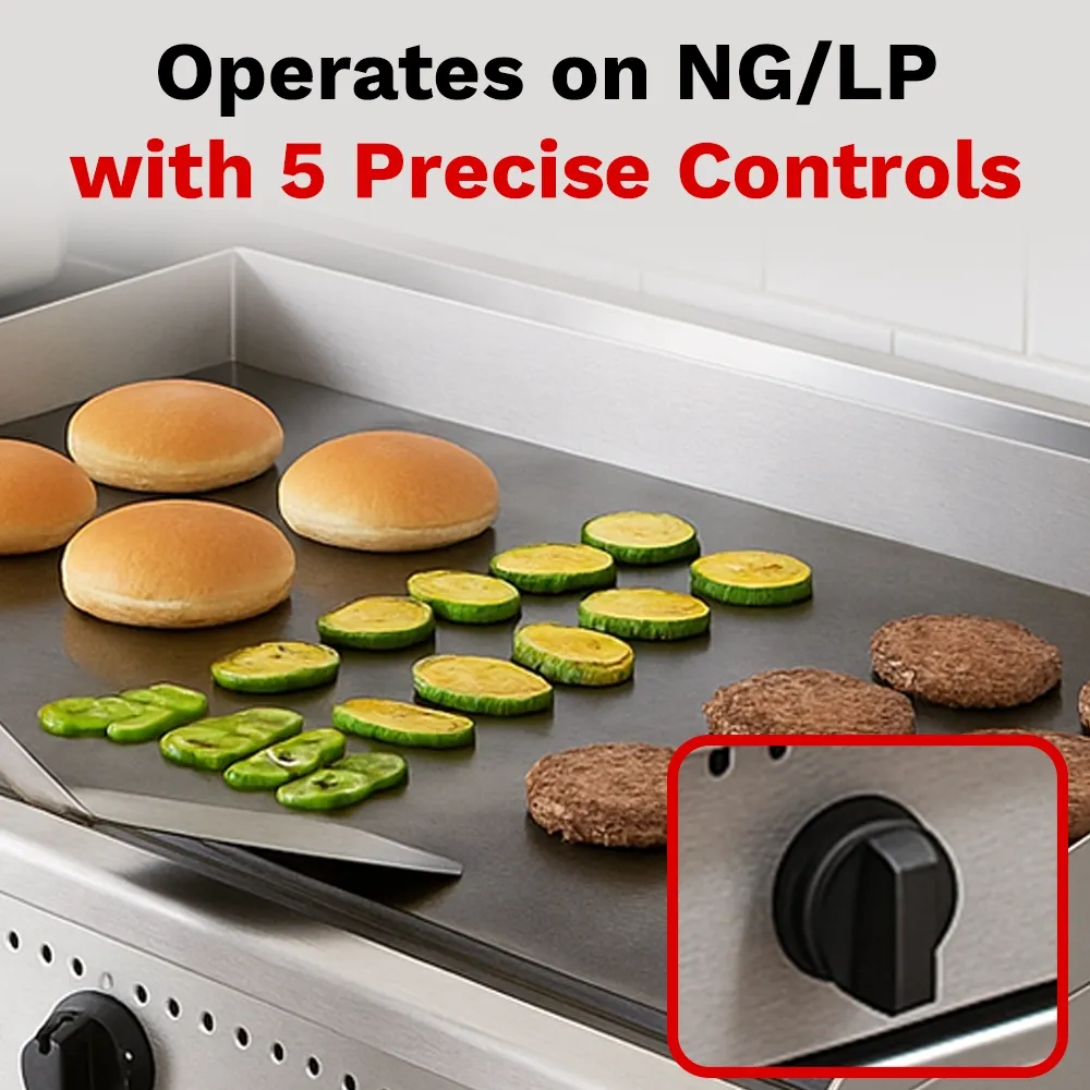 BakeMax 60 inch heavy-duty gas griddle built for busy foodservice kitchens offering daily flat-top cooking with precise and even heat control.