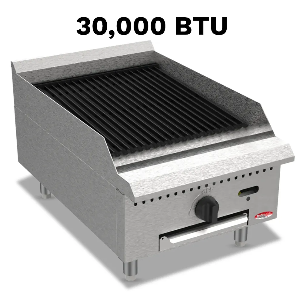 BakeMax 18 inch countertop gas charbroiler with two burners, compact unit delivering grilled flavor in small kitchens with nonstick grilling surface.