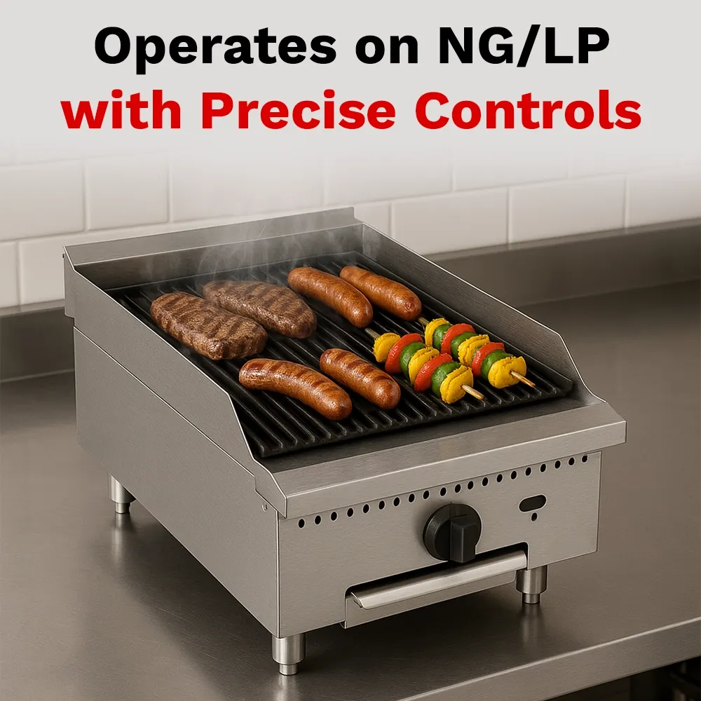 BakeMax 18 inch countertop gas charbroiler with two burners, compact unit delivering grilled flavor in small kitchens with nonstick grilling surface.