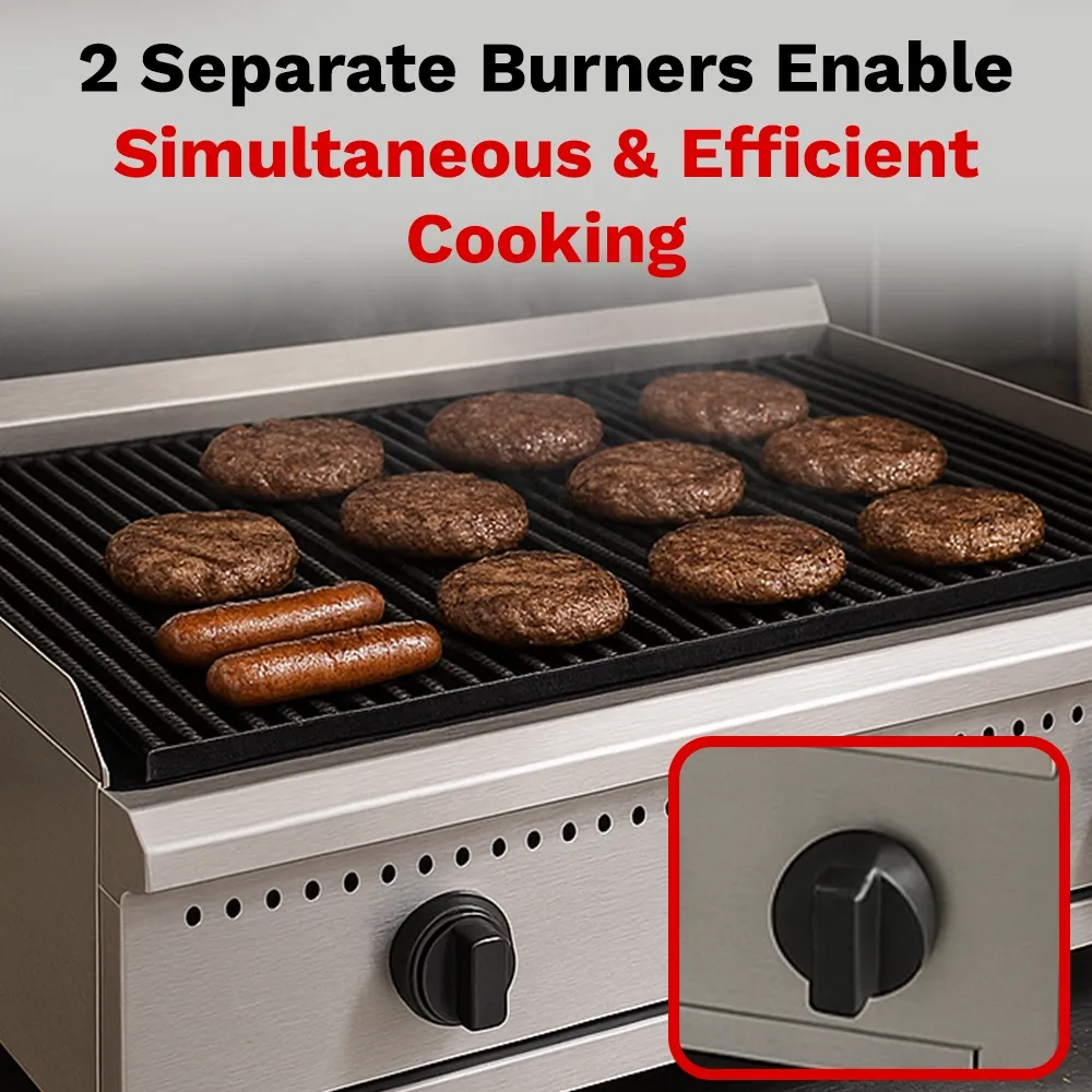 BakeMax 24 inch gas charbroiler, compact yet powerful, perfect for cafés and food counters with grilling needs, built compact for tight spaces.