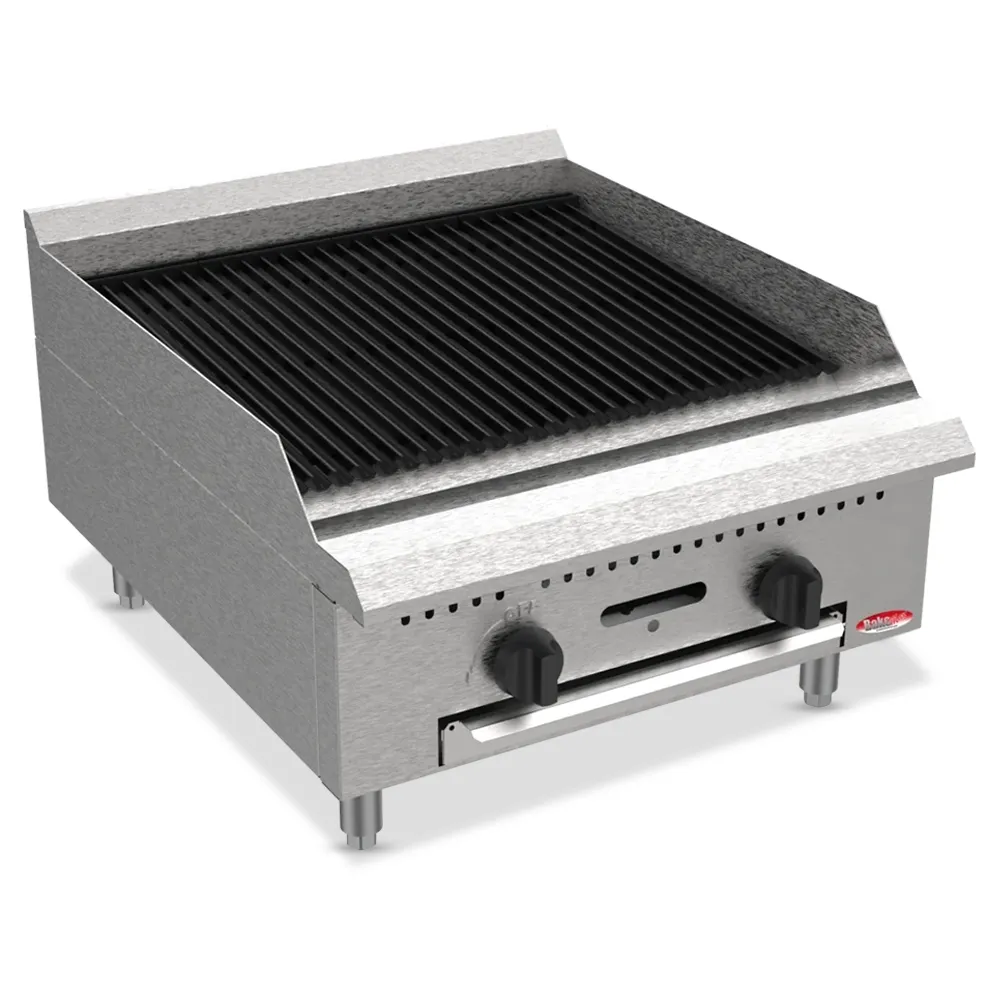 BakeMax 24 inch gas charbroiler, compact yet powerful, perfect for cafés and food counters with grilling needs, built compact for tight spaces.