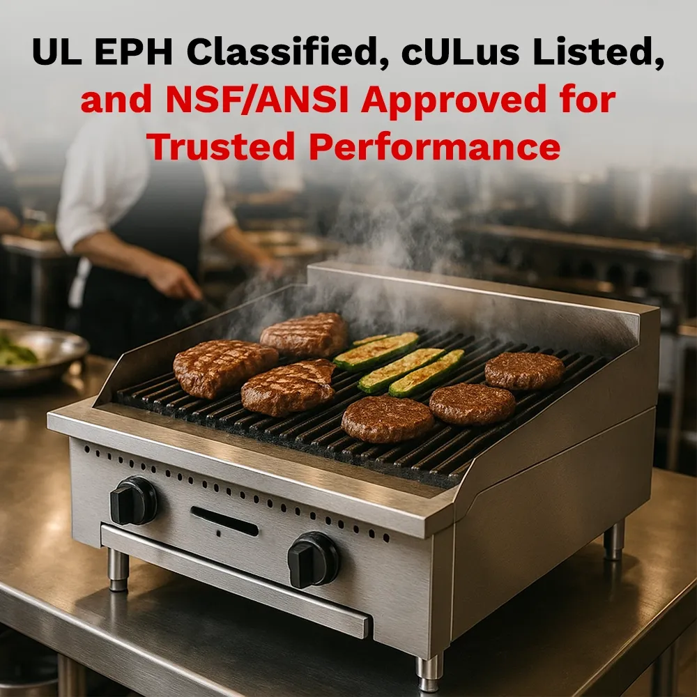 BakeMax 24 inch gas charbroiler, compact yet powerful, perfect for cafés and food counters with grilling needs, built compact for tight spaces.