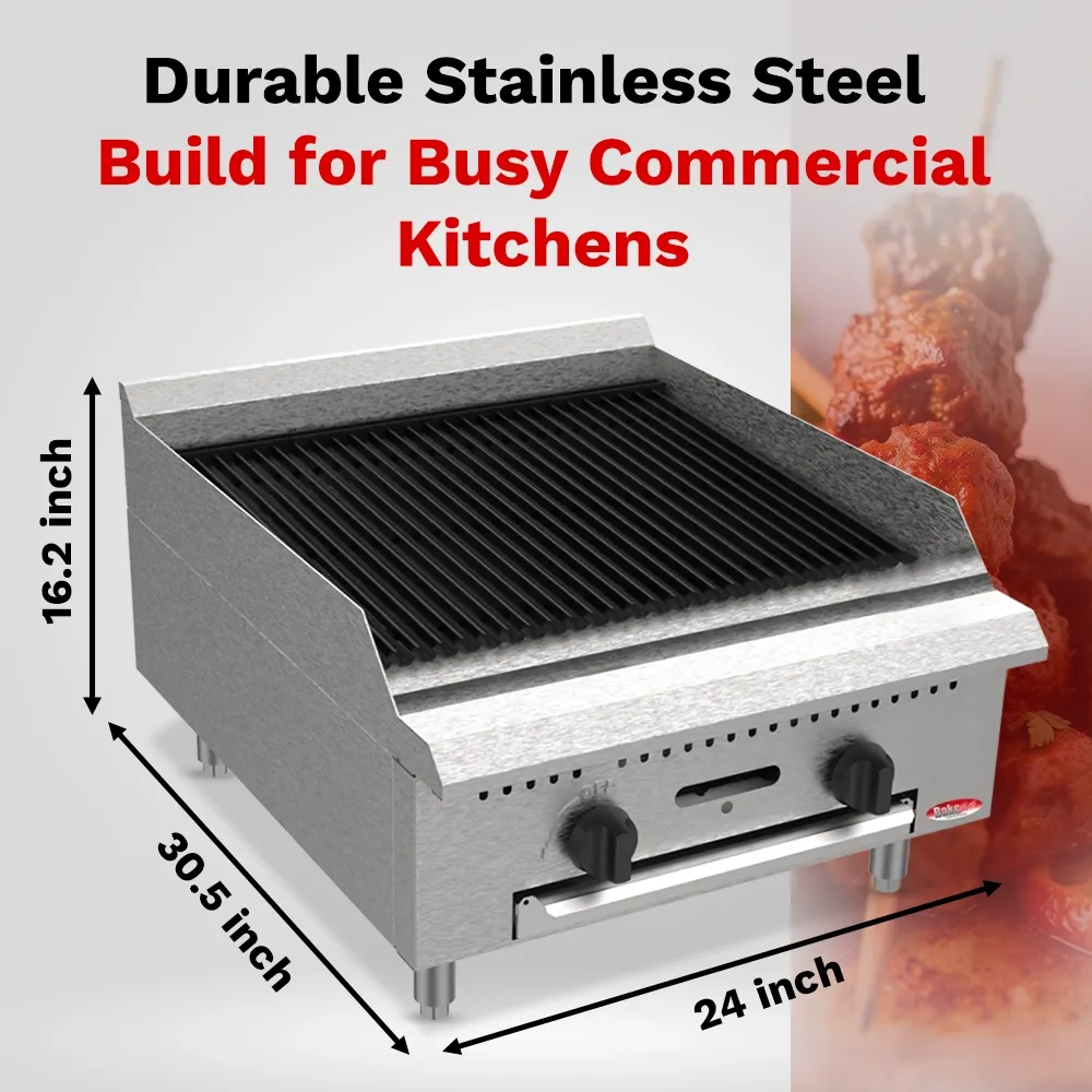 BakeMax 24 inch gas charbroiler, compact yet powerful, perfect for cafés and food counters with grilling needs, built compact for tight spaces.