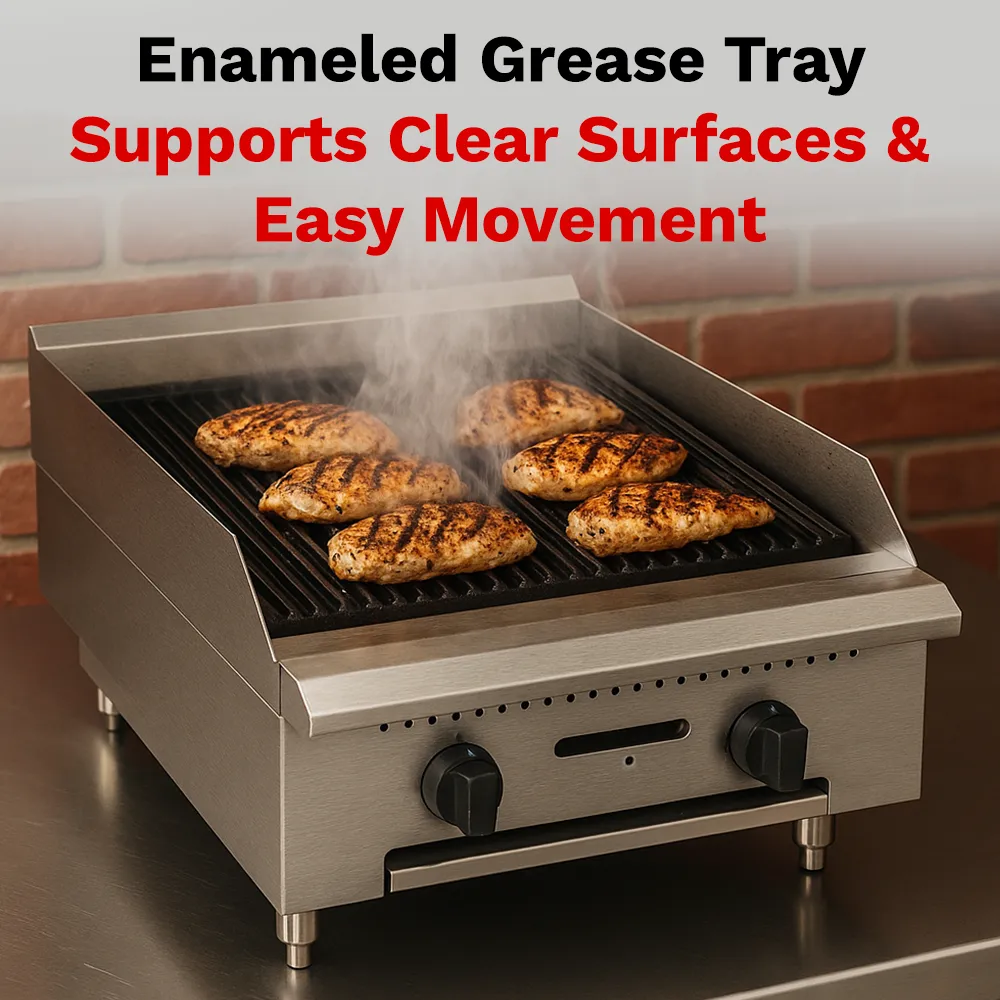 BakeMax 24 inch gas charbroiler, compact yet powerful, perfect for cafés and food counters with grilling needs, built compact for tight spaces.