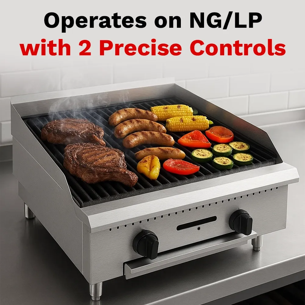 BakeMax 24 inch gas charbroiler, compact yet powerful, perfect for cafés and food counters with grilling needs, built compact for tight spaces.