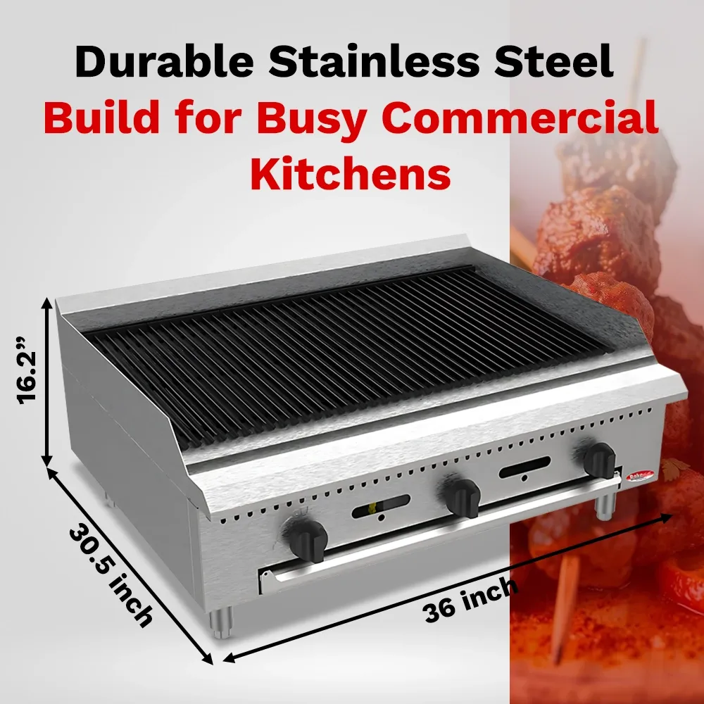 BakeMax 36 inch gas charbroiler with multiple burners and solid frame, delivers steady heat for daily grilling of burgers, skewers, or meats.
