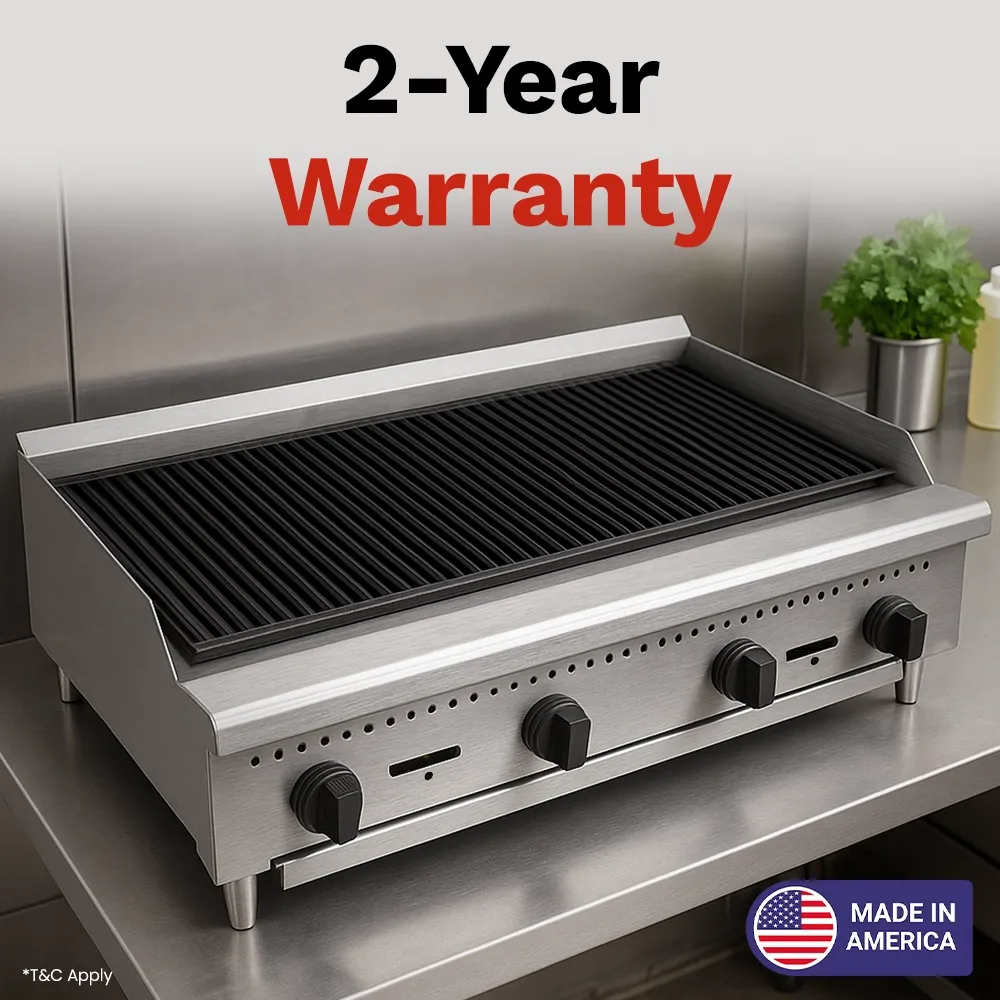 BakeMax 48 inch countertop natural gas charbroiler with multiple burners, perfect for high-volume grilling with signature char flavor and durability.