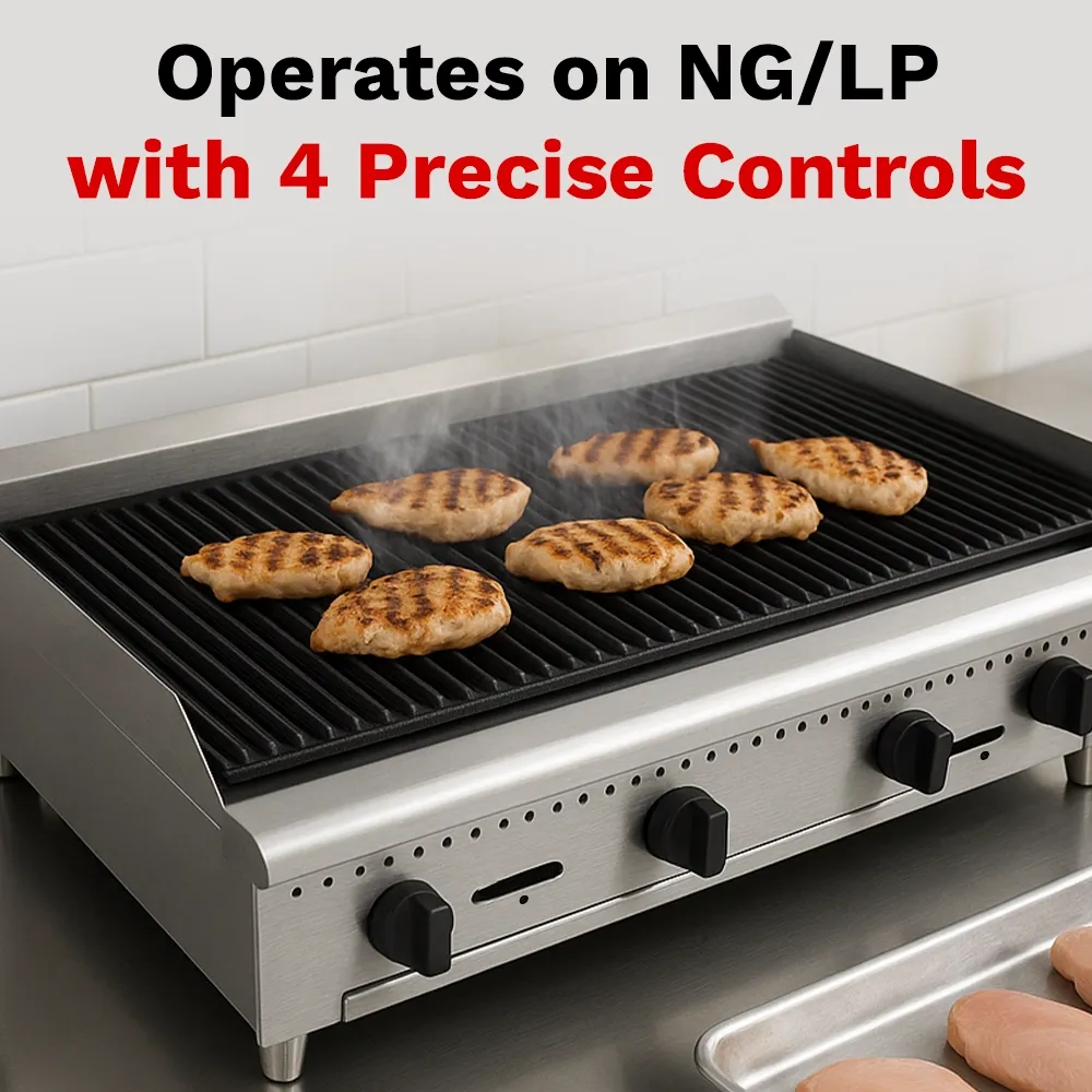 BakeMax 48 inch countertop natural gas charbroiler with multiple burners, perfect for high-volume grilling with signature char flavor and durability.