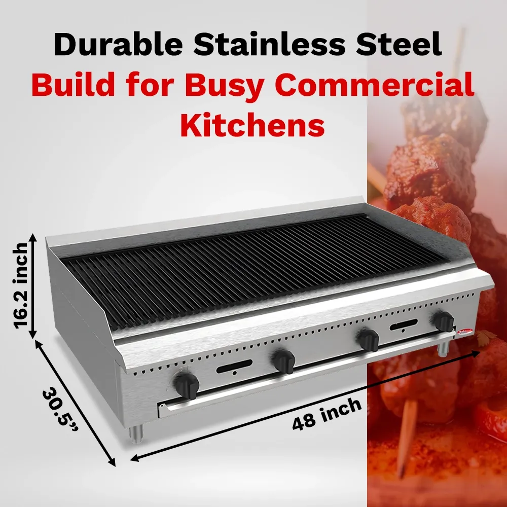 BakeMax 48 inch countertop natural gas charbroiler with multiple burners, perfect for high-volume grilling with signature char flavor and durability.