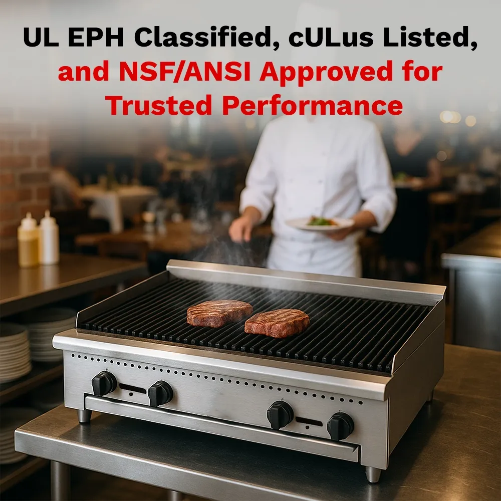 BakeMax 48 inch countertop natural gas charbroiler with multiple burners, perfect for high-volume grilling with signature char flavor and durability.