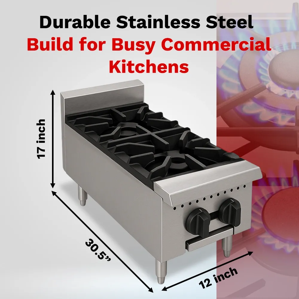 BakeMax Two-burner gas hotplate with manual controls and slim footprint, perfect for small kitchens needing reliable stovetop use every day.