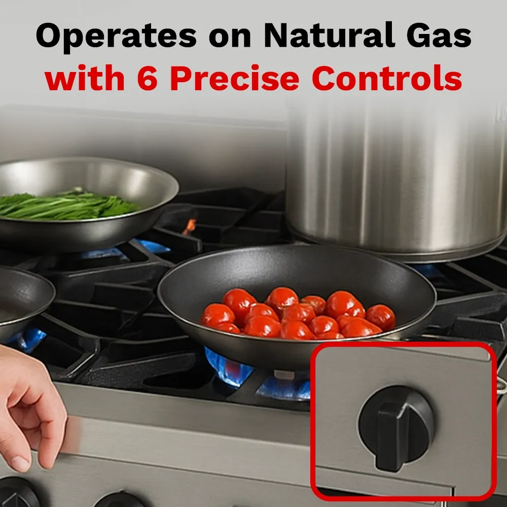 BakeMax natural Gas countertop hotplate with six burners, manual controls, and solid surface, ideal for fast cooking tasks in busy commercial kitchens