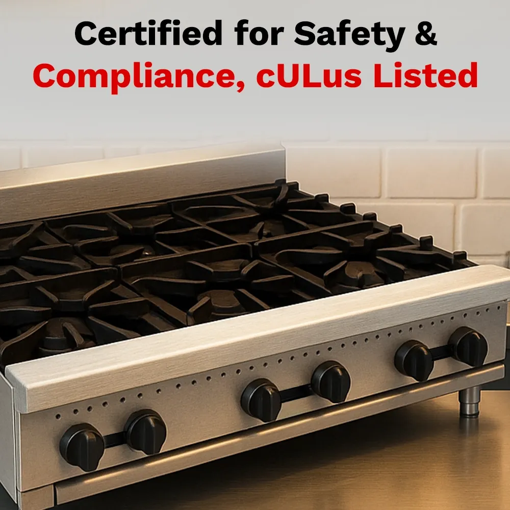 BakeMax natural Gas countertop hotplate with six burners, manual controls, and solid surface, ideal for fast cooking tasks in busy commercial kitchens