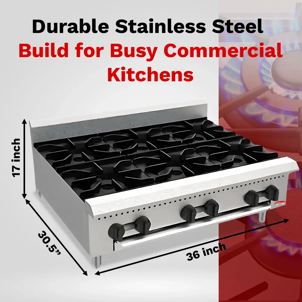 BakeMax natural Gas countertop hotplate with six burners, manual controls, and solid surface, ideal for fast cooking tasks in busy commercial kitchens