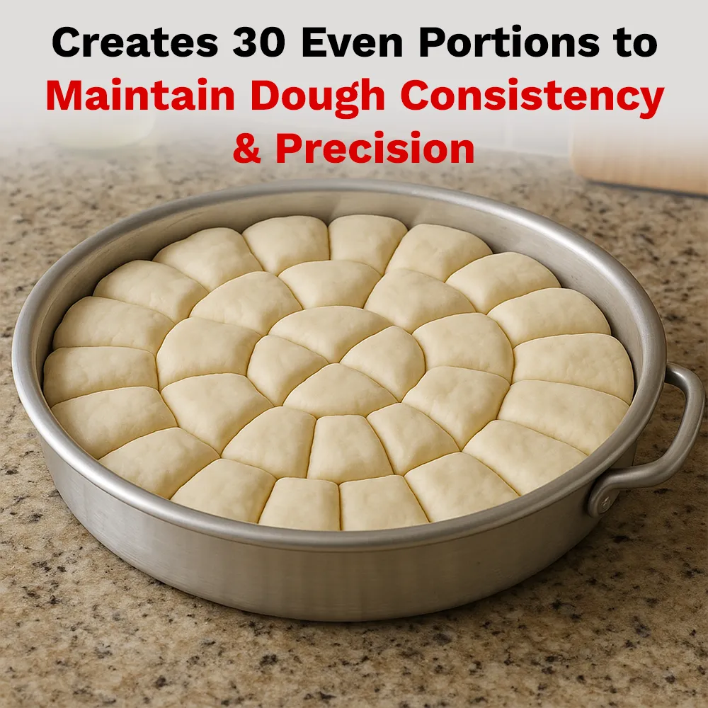 BakeMax BAHBD02 Titan Series manual dough divider with stainless steel base, hand-operated pressing mechanism, and compact countertop bakery design.