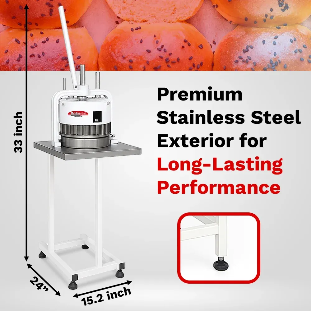 BakeMax BAHBD02 Titan Series manual dough divider with stainless steel base, hand-operated pressing mechanism, and compact countertop bakery design.