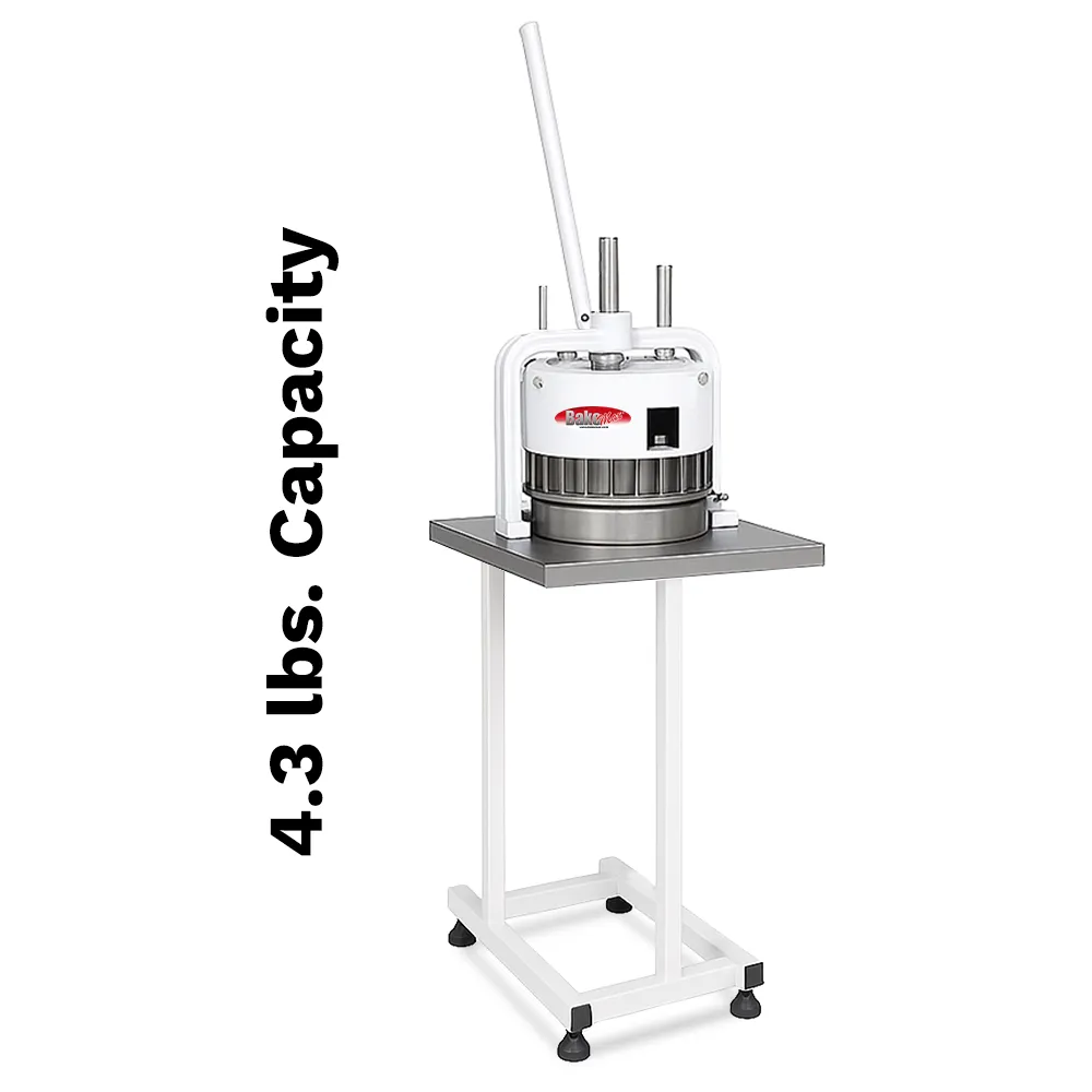BakeMax BAHBD02 Titan Series manual dough divider with stainless steel base, hand-operated pressing mechanism, and compact countertop bakery design.