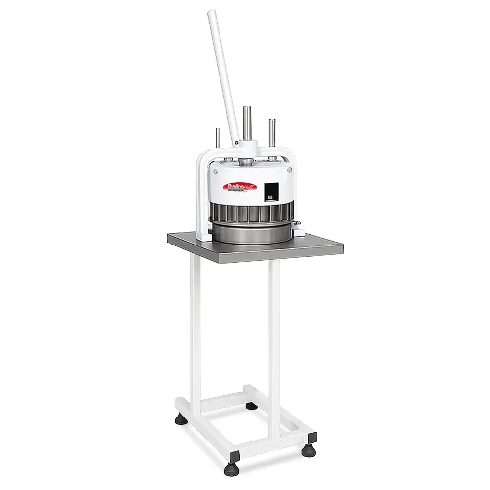 BakeMax BAHBD02 Titan Series manual dough divider with stainless steel base, hand-operated pressing mechanism, and compact countertop bakery design.