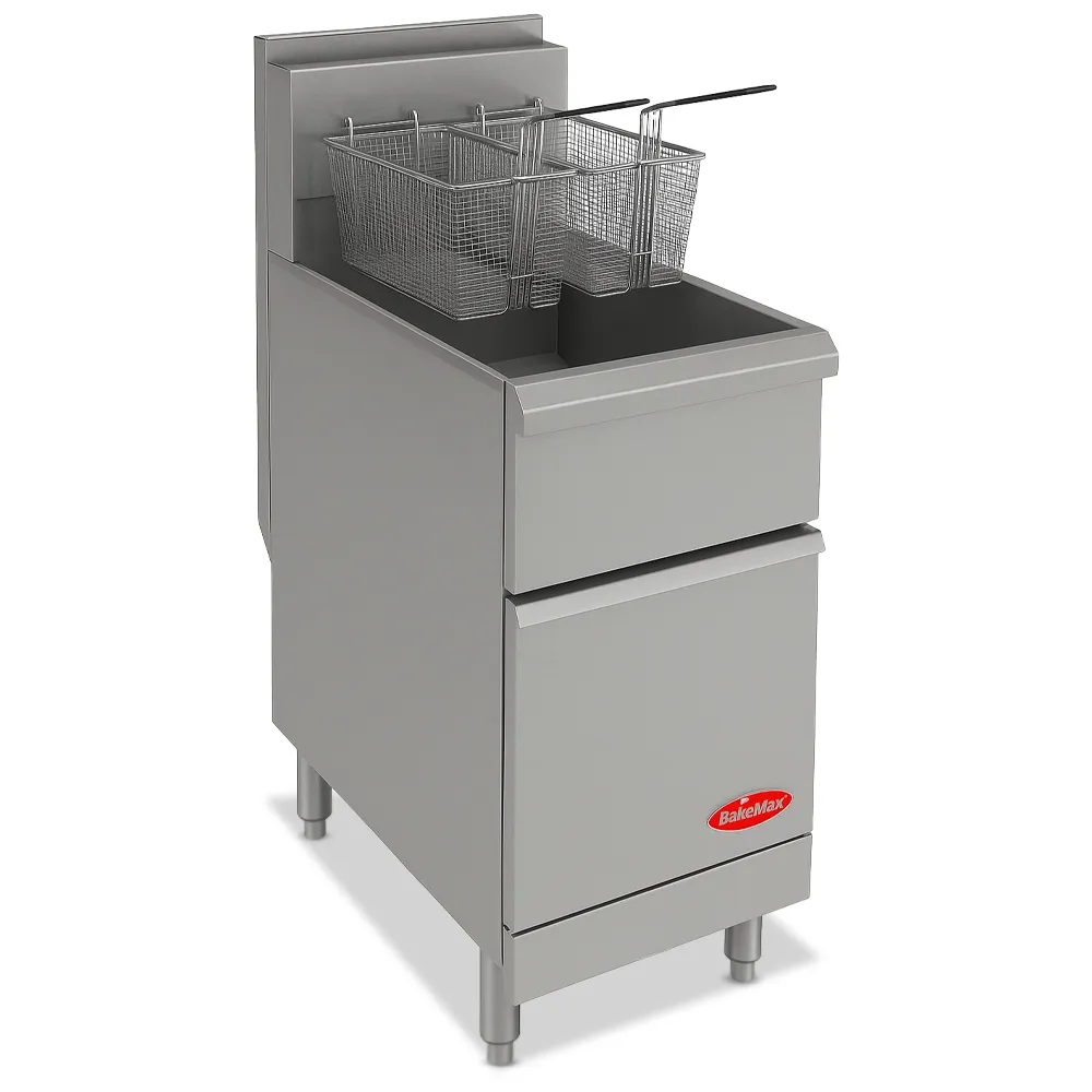 BakeMax Natural gas fryer with medium oil capacity, engineered for medium to large kitchens needing consistent output and durable all-metal build.