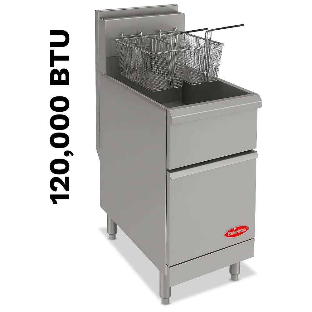BakeMax Natural gas fryer with medium oil capacity, engineered for medium to large kitchens needing consistent output and durable all-metal build.