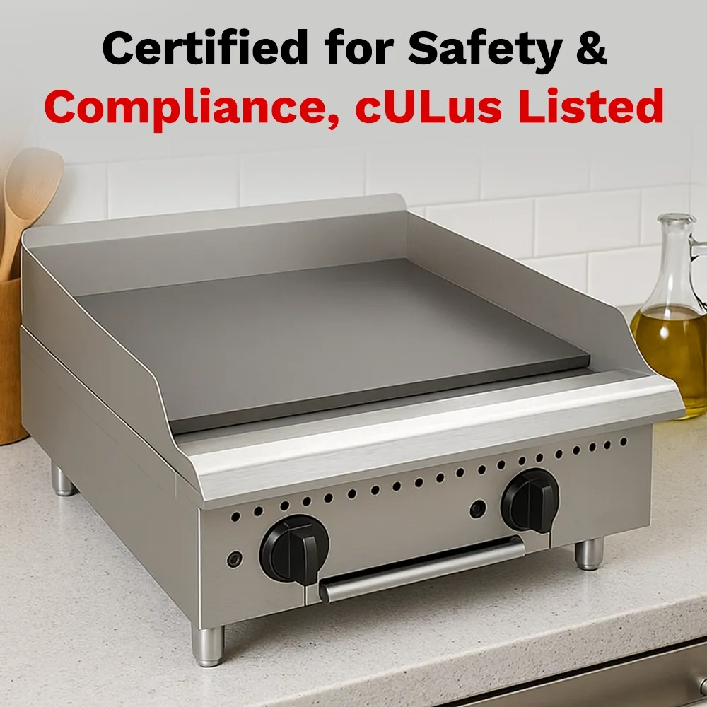 BakeMax twenty-four-inch thermostatic gas griddle, ideal for trucks, kiosks, or cafés with limited kitchen space, runs quietly and efficiently.