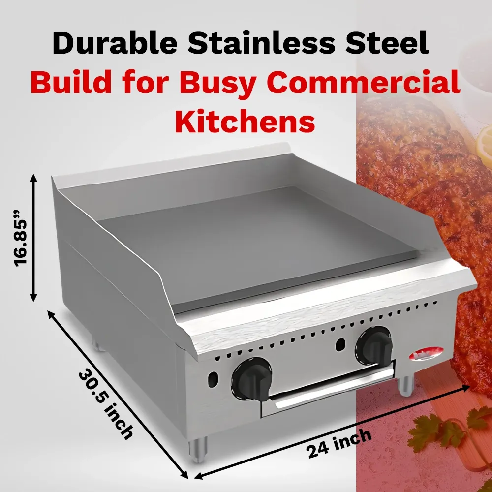 BakeMax twenty-four-inch thermostatic gas griddle, ideal for trucks, kiosks, or cafés with limited kitchen space, runs quietly and efficiently.