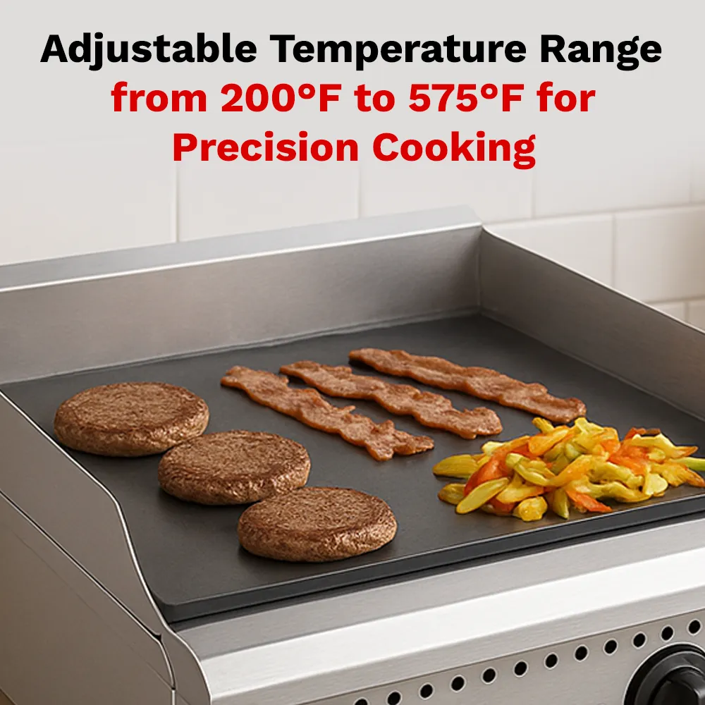 BakeMax twenty-four-inch thermostatic gas griddle, ideal for trucks, kiosks, or cafés with limited kitchen space, runs quietly and efficiently.