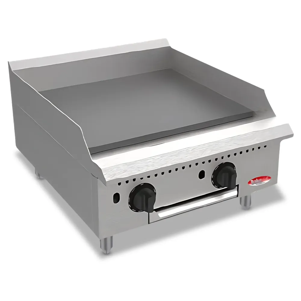 BakeMax twenty-four-inch thermostatic gas griddle, ideal for trucks, kiosks, or cafés with limited kitchen space, runs quietly and efficiently.
