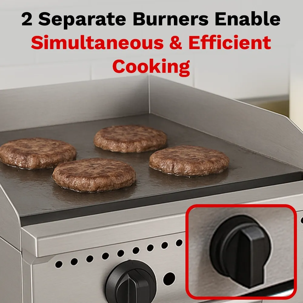 BakeMax twenty-four-inch thermostatic gas griddle, ideal for trucks, kiosks, or cafés with limited kitchen space, runs quietly and efficiently.