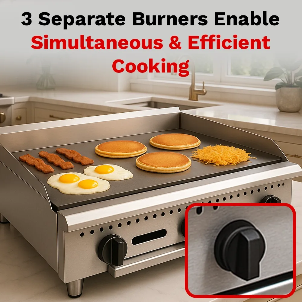 BakeMax Thirty-six-inch thermostatic gas griddle, perfect for cafés or diners needing reliable, consistent flat-top heat with durable non-slip knobs.