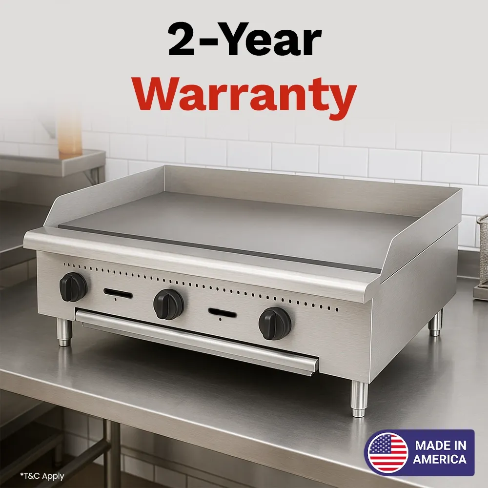 BakeMax Thirty-six-inch thermostatic gas griddle, perfect for cafés or diners needing reliable, consistent flat-top heat with durable non-slip knobs.