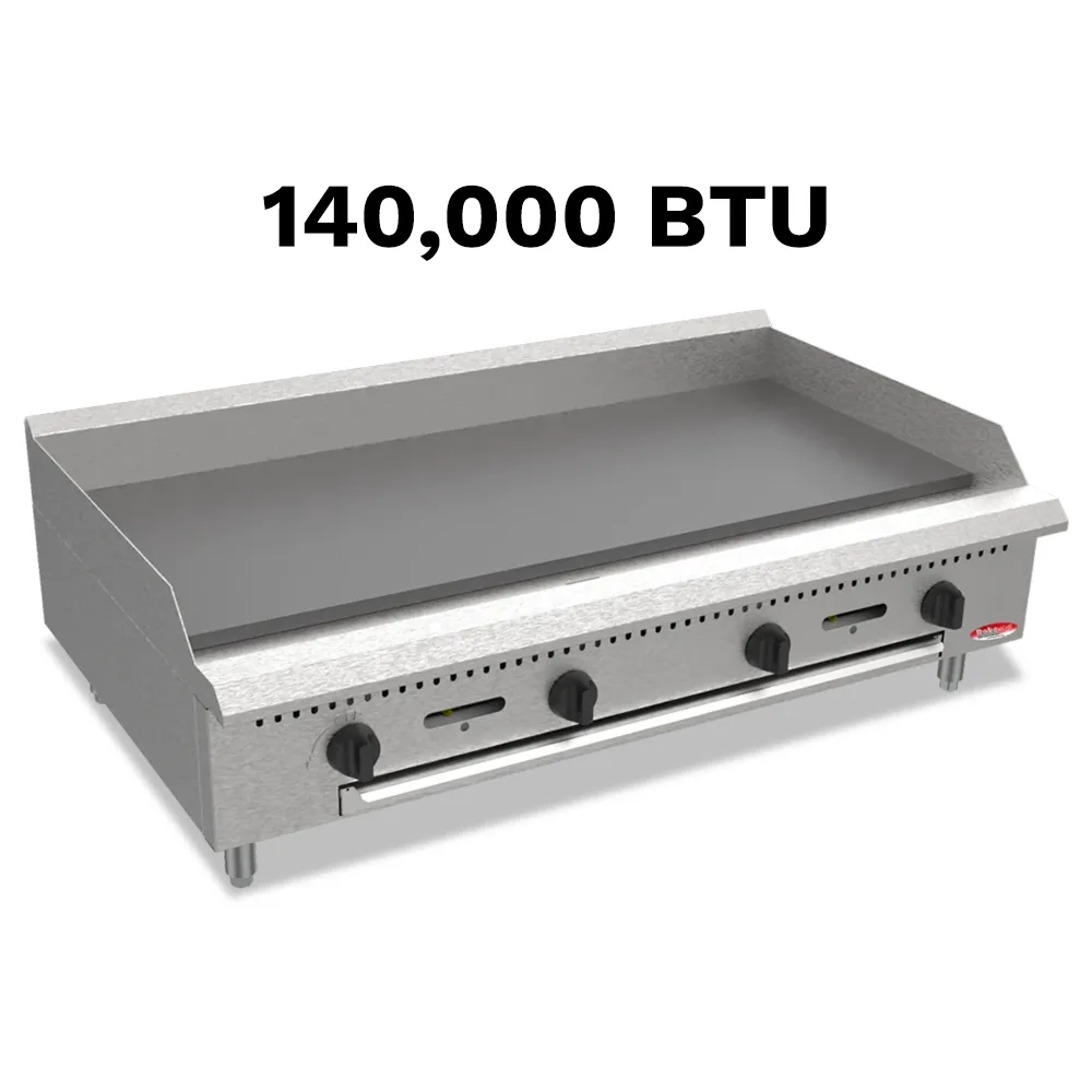 BakeMax Forty-eight-inch gas griddle with manual controls and heavy-duty plate, great for breakfast, burgers, and all-day service in busy kitchens.
