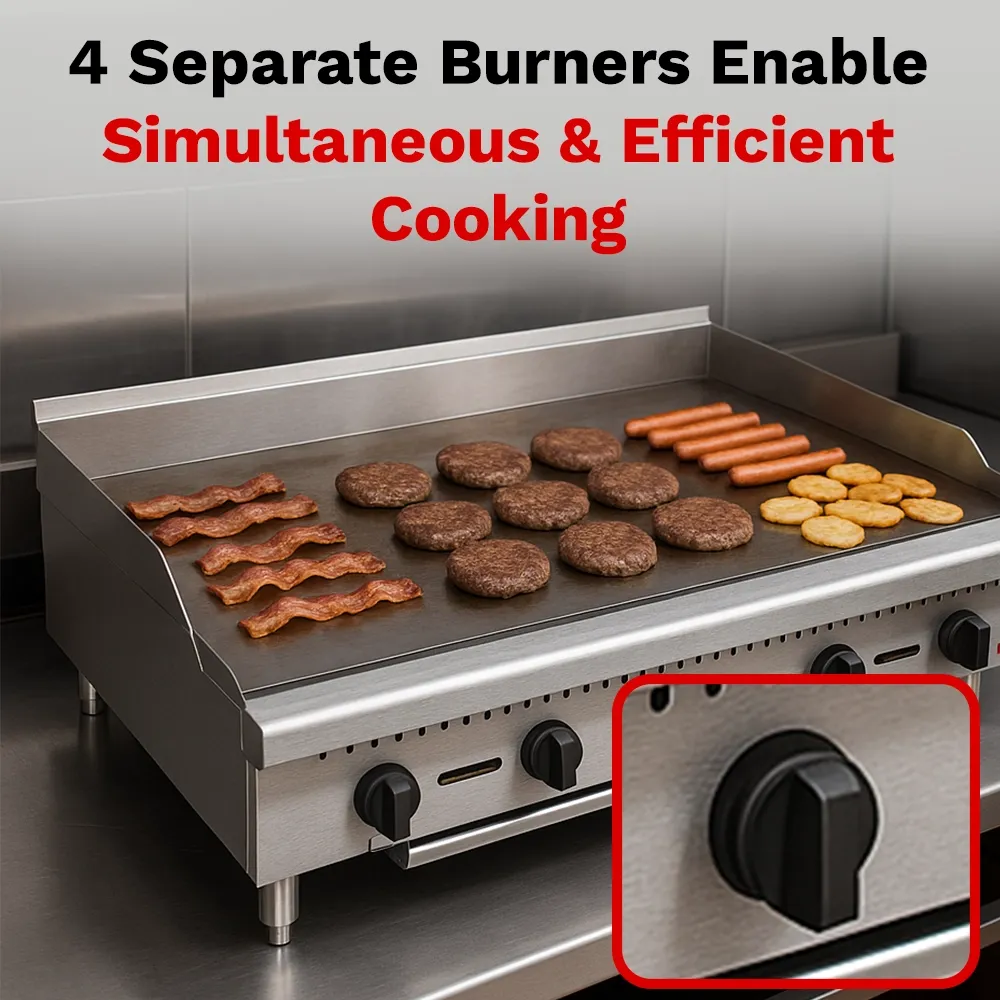 BakeMax Forty-eight-inch gas griddle with manual controls and heavy-duty plate, great for breakfast, burgers, and all-day service in busy kitchens.