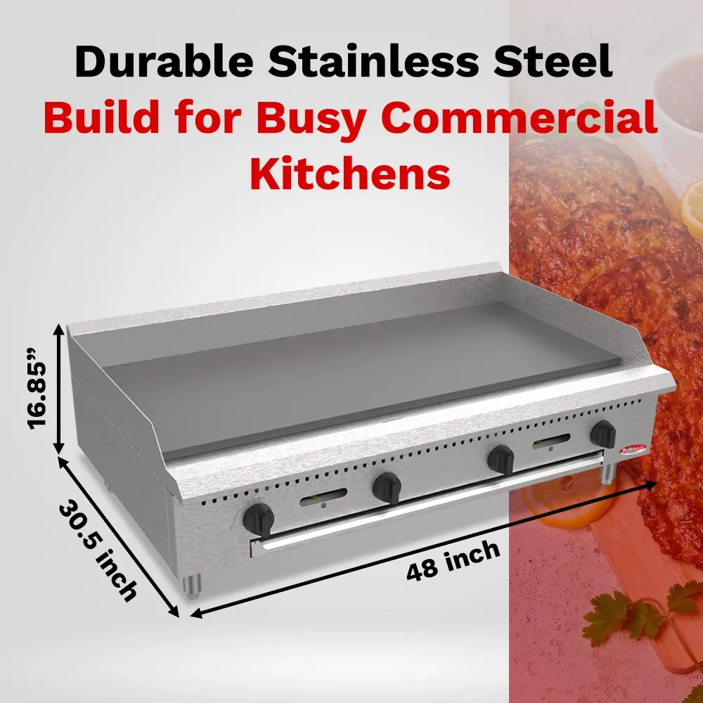BakeMax Forty-eight-inch gas griddle with manual controls and heavy-duty plate, great for breakfast, burgers, and all-day service in busy kitchens.