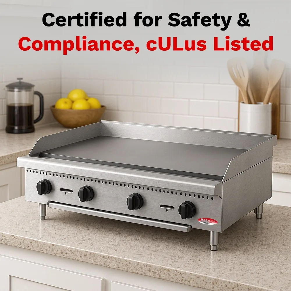 BakeMax Forty-eight-inch gas griddle with manual controls and heavy-duty plate, great for breakfast, burgers, and all-day service in busy kitchens.