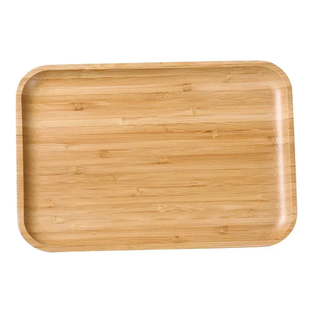 Stylish rectangular bamboo tray by Yanco China with curved edges and natural grain, excellent for food service or elevating tabletop presentation.