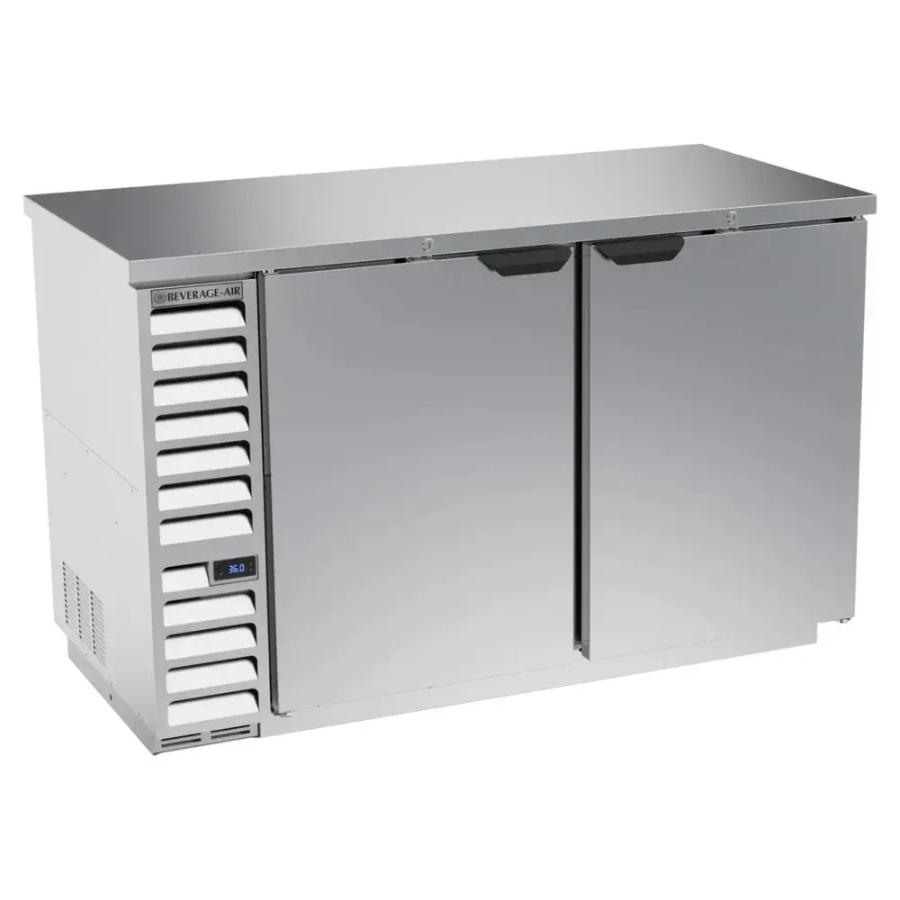 Stainless steel counter height back bar refrigerator from Beverage-Air with solid doors ensures reliable, hygienic storage in busy kitchens.