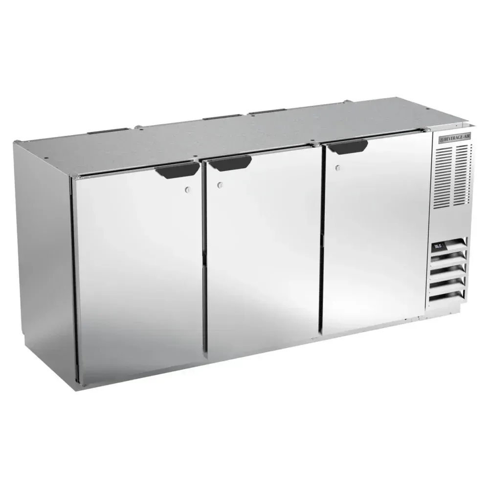 Stainless steel back bar refrigerator with solid doors from Beverage-Air, durable for secure and efficient storage in busy bar spaces.