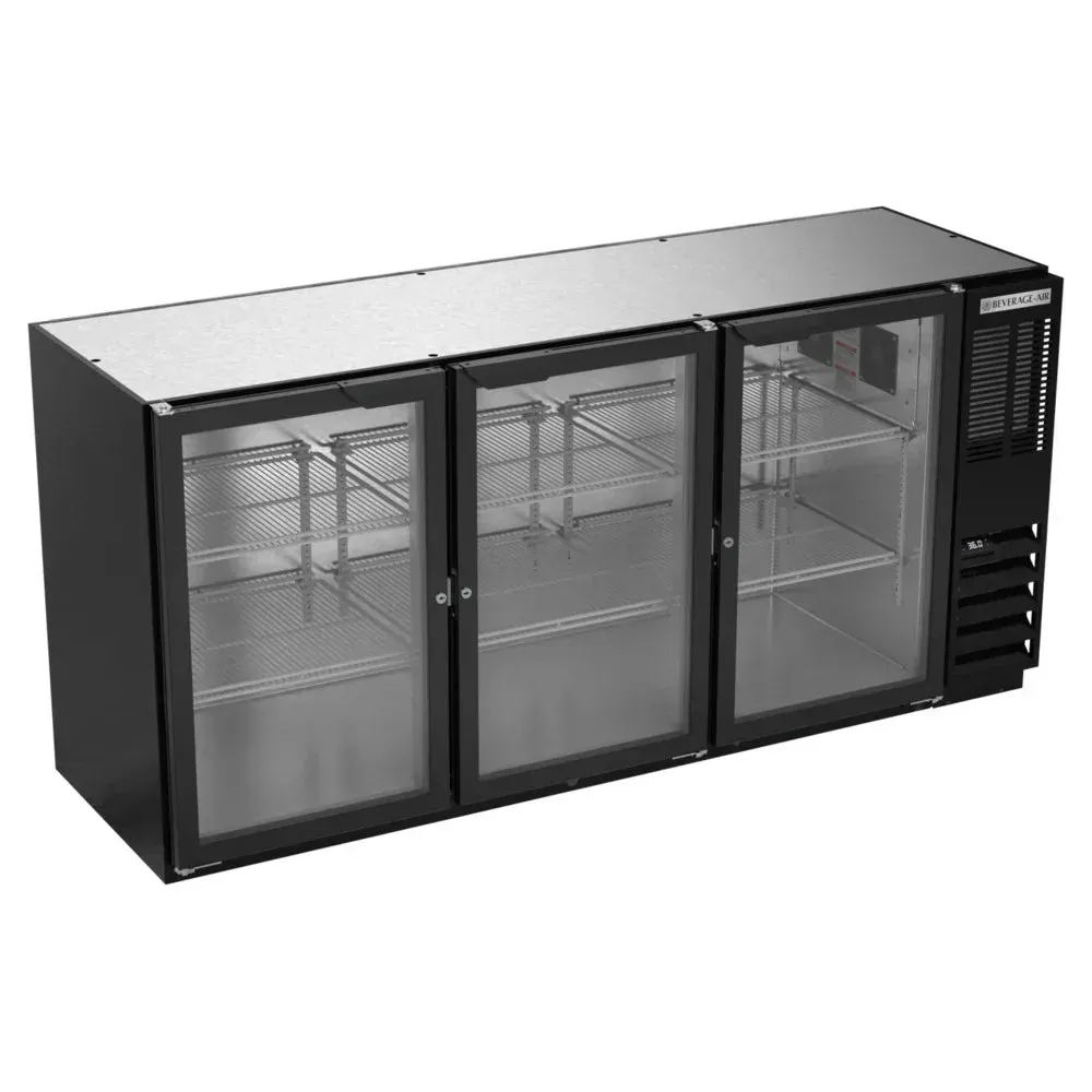 Black back bar refrigerator with glass doors from Beverage-Air, perfect for stylish drink presentation and secure behind-bar storage.