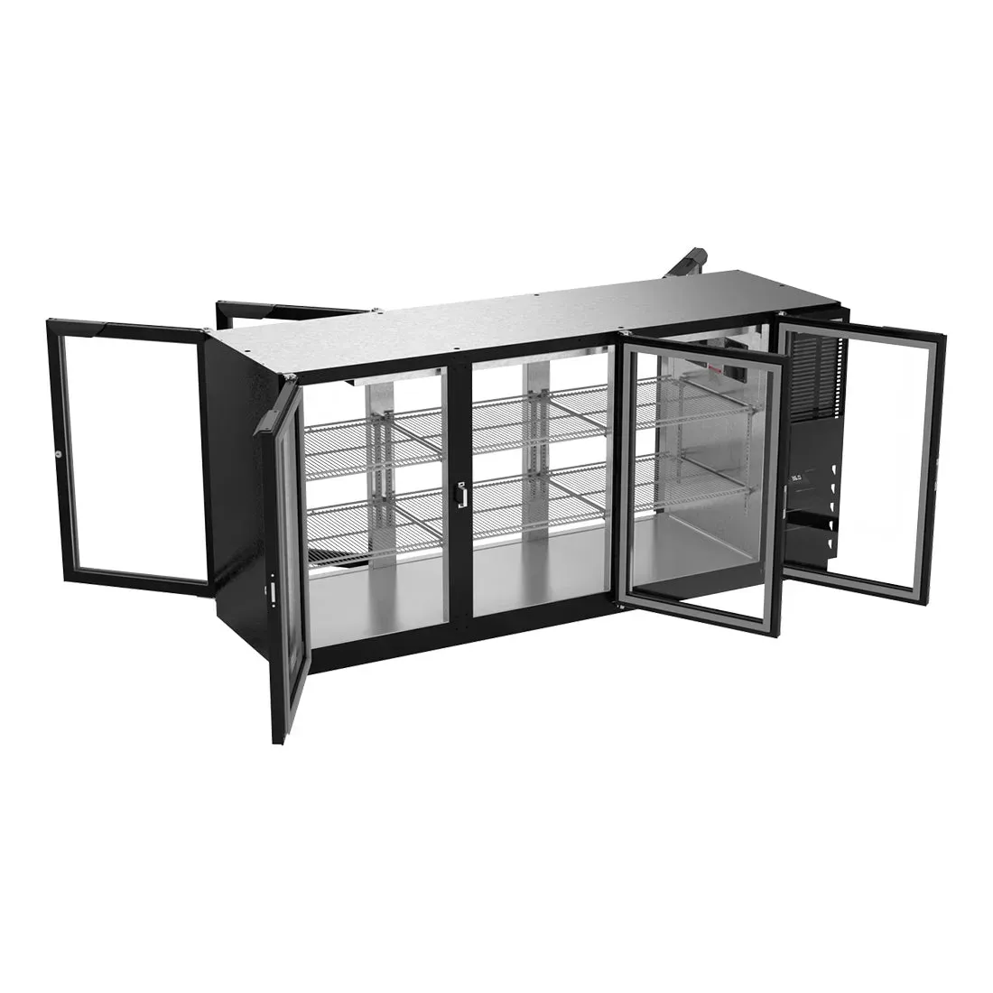 Black counter back bar refrigerator by Beverage-Air with glass pass-through doors, built for bar use and quick-access beverage service.