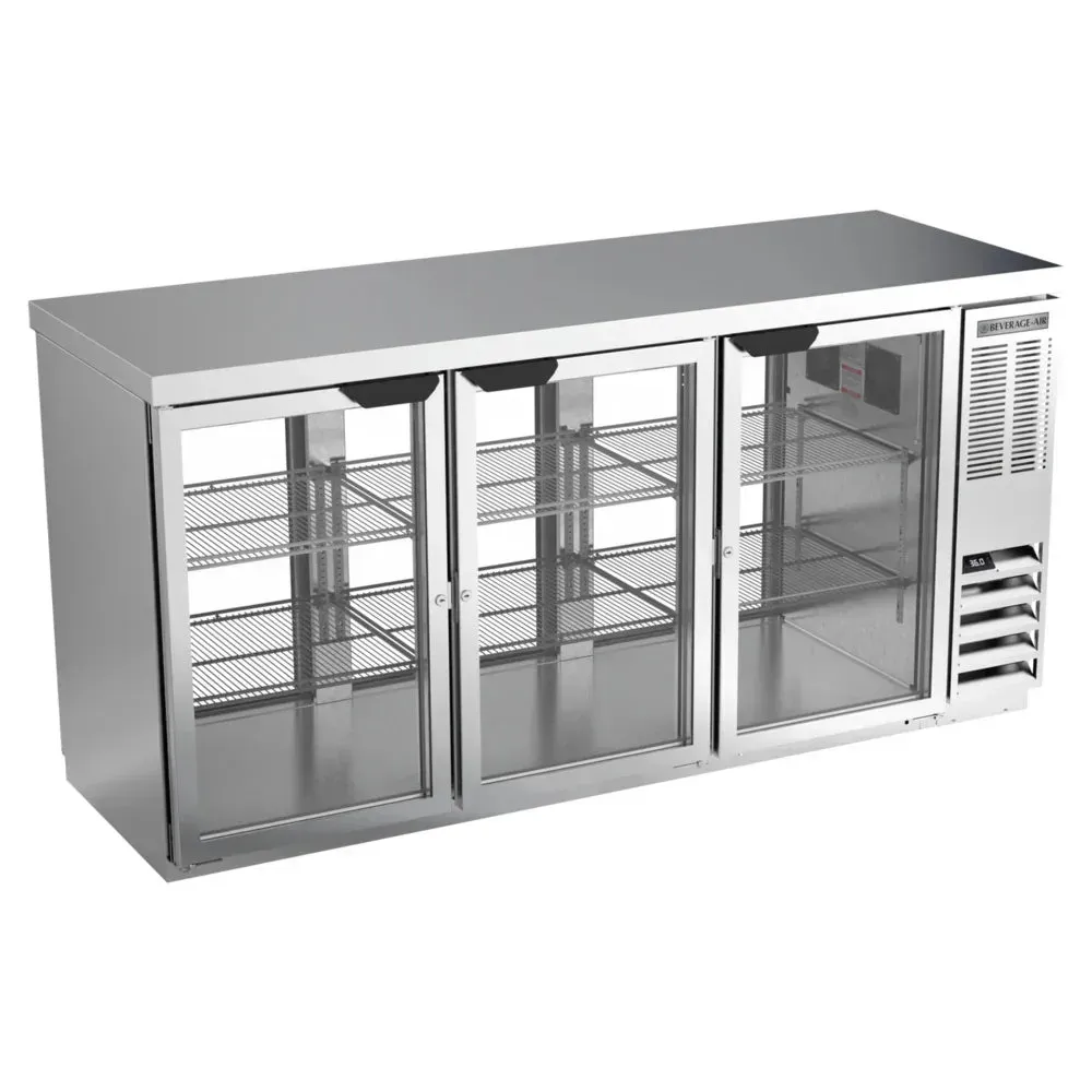 Stainless counter height pass-through back bar refrigerator with glass doors from Beverage-Air for dual access and product display.