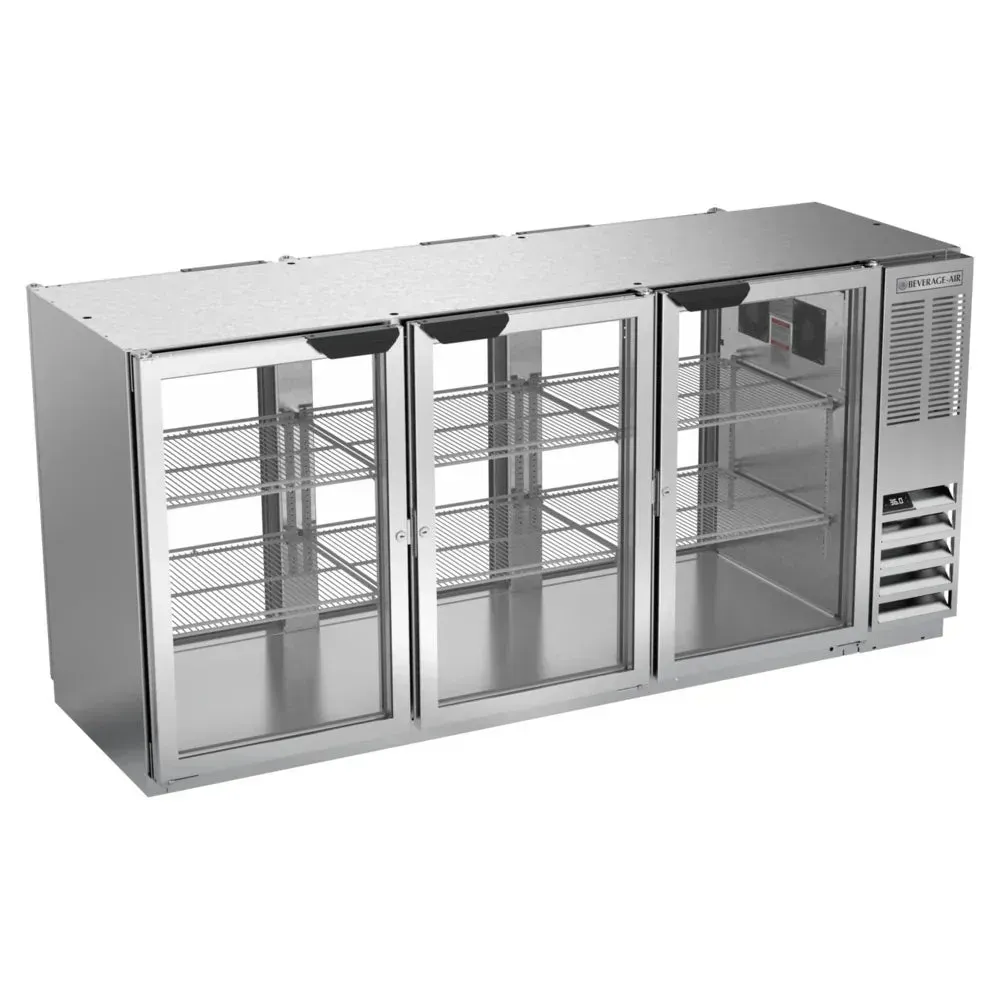 Stainless underbar back bar refrigerator with pass-through glass doors from Beverage-Air for efficient beverage access in small spaces.