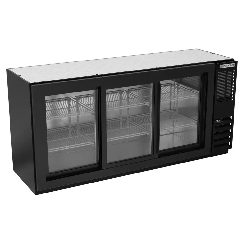Black underbar height back bar refrigerator with sliding glass doors from Beverage-Air, compact for chilled drink storage in small bars.