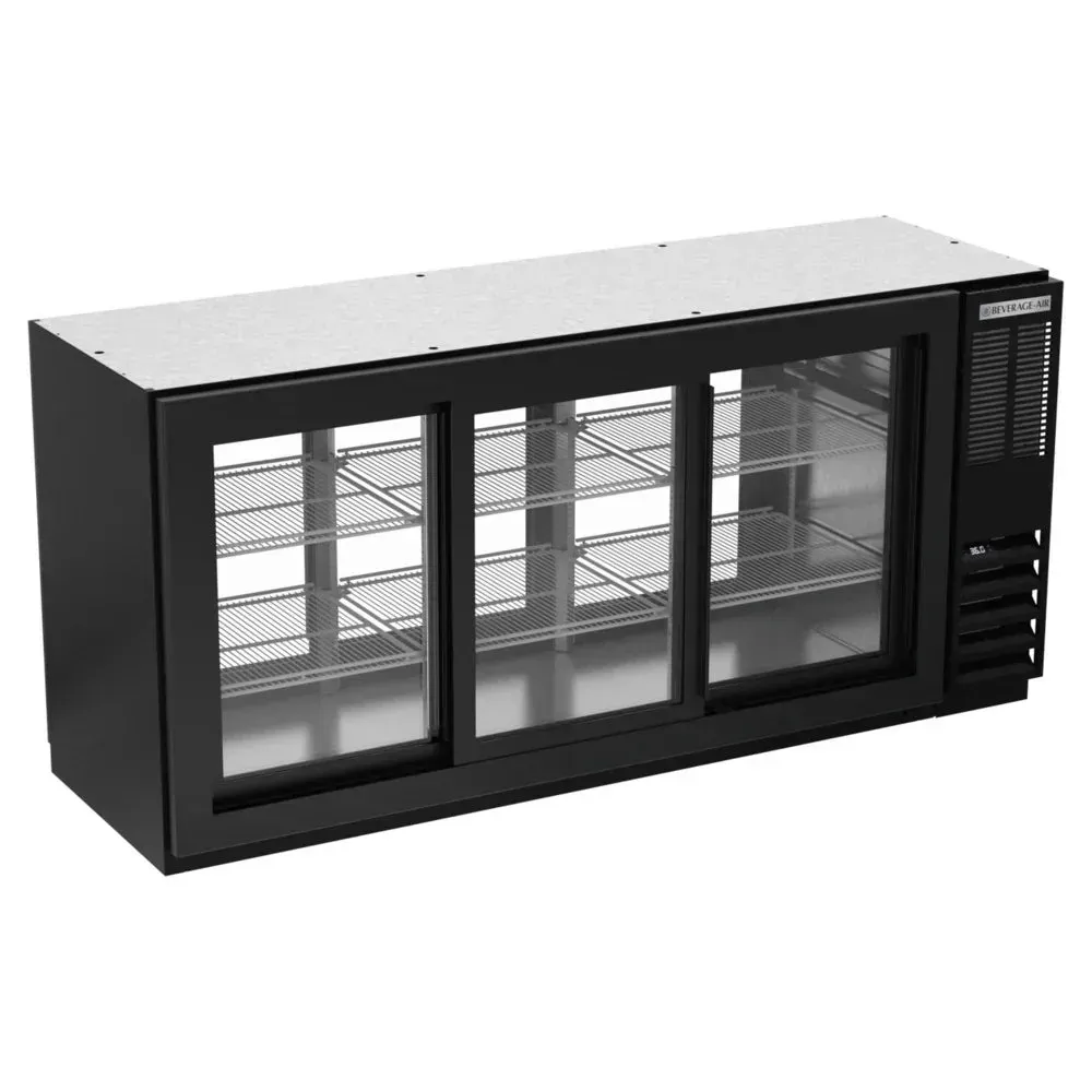 Black underbar sliding glass door back bar refrigerator from Beverage-Air, food-rated with pass-through access for fast service setups.